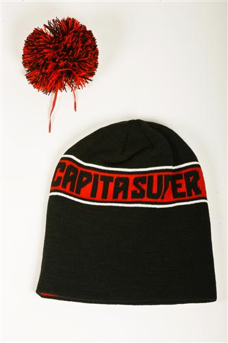 CAPITA MILLION DOLLAR POM BEANIE IN BLACK, RED, AND WHITE