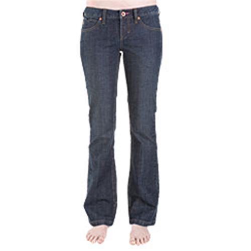 VOLCOM WOMEN'S FILLMORE BOOT CUT PANT IN SANDED STRETCH INDIGO WASH