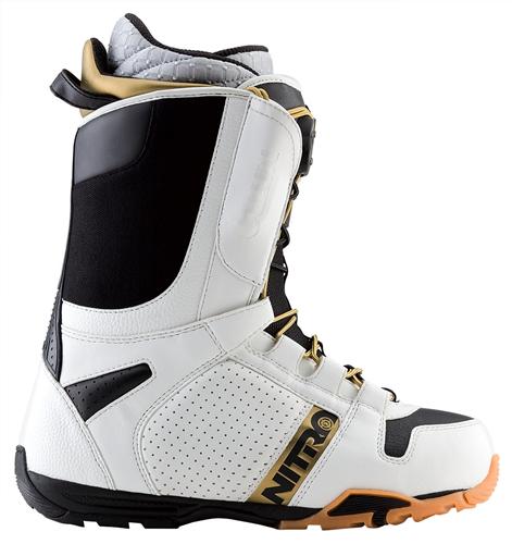 NITRO ANTHEM TLS SNOWBOARD BOOTS IN WHITE, BLACK, AND GOLD