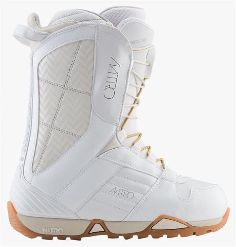 NITRO WOMEN'S BARRAGE TLS SNOWBOARD BOOTS IN WHITE, GOLD, AND GUM