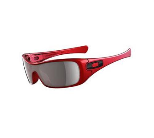 OAKLEY ANTIX SUNGLASSES WITH METALLIC RED FRAMES AND A WARM GREY LENS
