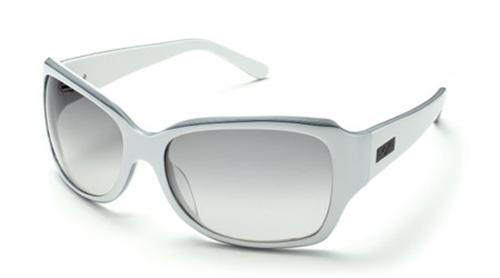 IS EYEWEAR SHAUGHNESSY SUNGLASSES WITH WHITE AND BLACK PINSTRIPED FRAMES AND A SMOKE GRADIENT LENS