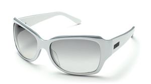 IS EYEWEAR SHAUGHNESSY SUNGLASSES WITH WHITE AND BLACK PINSTRIPED FRAMES AND A SMOKE GRADIENT LENS