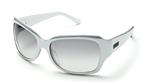 IS EYEWEAR SHAUGHNESSY SUNGLASSES WITH WHITE AND BLACK PINSTRIPED FRAMES AND A SMOKE GRADIENT LENS