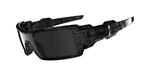 OAKLEY OIL RIG SUNGLASSES WITH POLISHED BLACK SILVER GHOST TEXT PRINT AND A BLACK IRIDIUM LENS