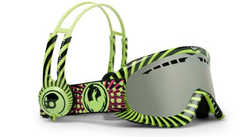 DRAGON DX SNOW GOGGLES WITH SKULLCANDY GREEN AND PRUPLE FRAMES AND A PINK IONIZED LENS & HEADPHONES