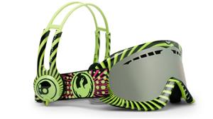 DRAGON DX SNOW GOGGLES WITH SKULLCANDY GREEN AND PRUPLE FRAMES AND A PINK IONIZED LENS & HEADPHONES