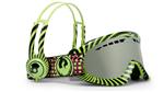 DRAGON DX SNOW GOGGLES WITH SKULLCANDY GREEN AND PRUPLE FRAMES AND A PINK IONIZED LENS & HEADPHONES