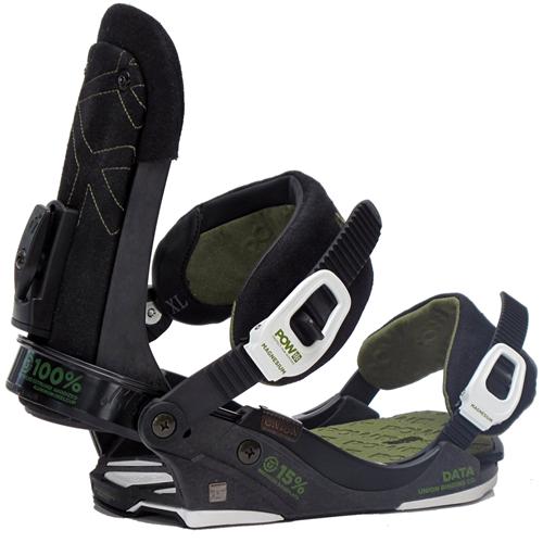 UNION DATA SNOWBOARD BINDINGS IN THE POW BLACK AND GREEN COLORWAY
