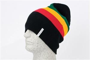DISCRETE DISJOINT BEANIE IN BLACK, RED, YELLOW, AND GREEN