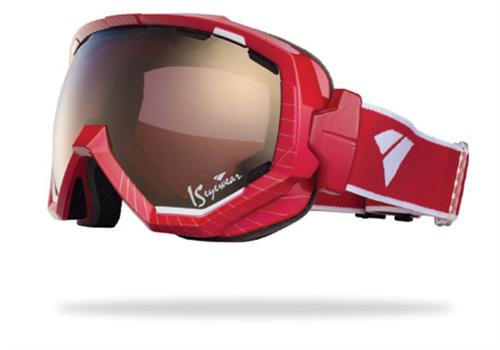 IS EYEWEAR FORMA SIGNATURE GOGGLES WITH GLOSS RED FRAMES AND A SILVER MIRROR VIOLET LENS