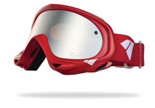 IS EYEWEAR STRIKE GOGGLES WITH RED FRAMES AND A SILVER MIRROR AMBER LENS
