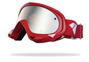 IS EYEWEAR STRIKE GOGGLES WITH RED FRAMES AND A SILVER MIRROR AMBER LENS