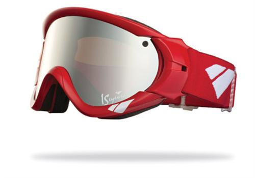 IS EYEWEAR TYPE R GOGGLES WITH RED FRAMES AND A SILVER MIRROR AMBER LENS