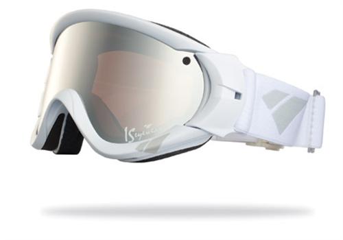 IS EYEWEAR TYPE R GOGGLES WITH WHITE FRAMES AND A SILVER MIRROR AMBER LENS